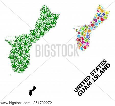 Vector Hemp Mosaic And Solid Map Of Guam Island. Map Of Guam Island Vector Mosaic For Weed Legalize 