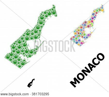 Vector Weed Mosaic And Solid Map Of Monaco. Map Of Monaco Vector Mosaic For Weed Legalize Campaign. 