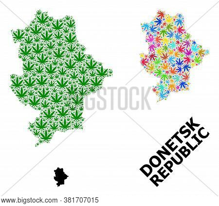 Vector Weed Mosaic And Solid Map Of Donetsk Republic. Map Of Donetsk Republic Vector Mosaic For Drug