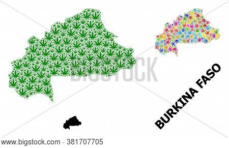 Vector Marijuana Mosaic And Solid Map Of Burkina Faso. Map Of Burkina Faso Vector Mosaic For Marijua