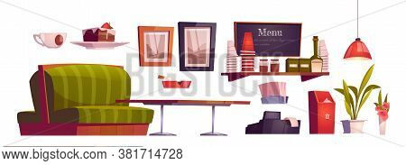 Coffee Shop Interior With Couch, Wooden Table, Cashbox And Cups On Shelf. Vector Cartoon Set Of Furn
