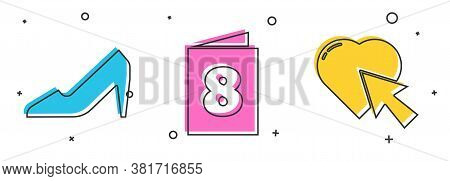 Set Woman Shoe, Greeting Card With 8 March And Heart And Cursor Click Icon. Vector