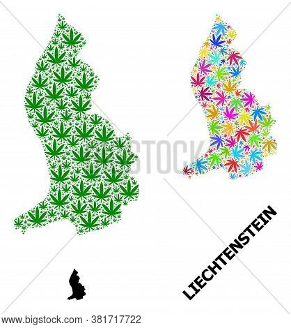 Vector Hemp Mosaic And Solid Map Of Liechtenstein. Map Of Liechtenstein Vector Mosaic For Marijuana 