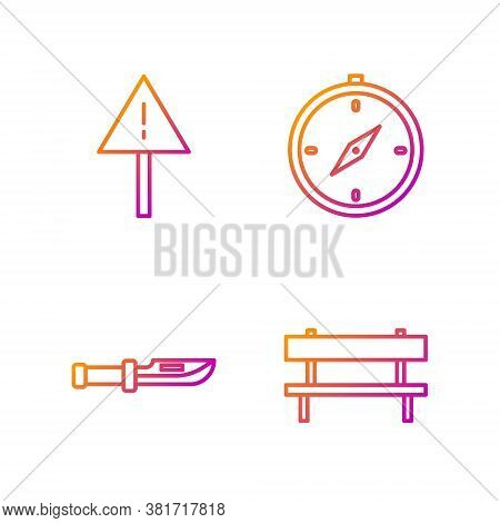 Set Line Bench, Camping Knife, Exclamation Mark In Triangle And Compass. Gradient Color Icons. Vecto