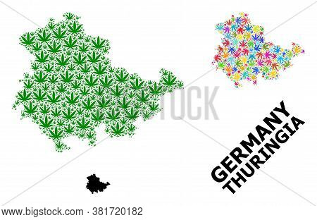Vector Marijuana Mosaic And Solid Map Of Thuringia State. Map Of Thuringia State Vector Mosaic For M