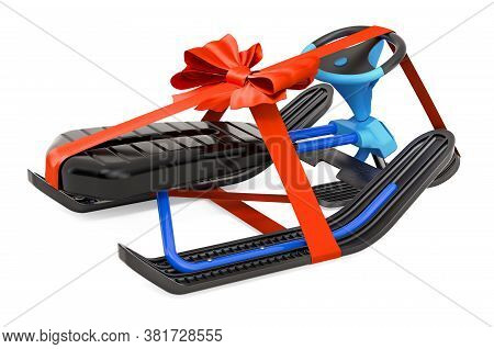 Snowracer Snow Sled With Red Bow And Ribbon, Gift Concept. 3d Rendering Isolated On White Background