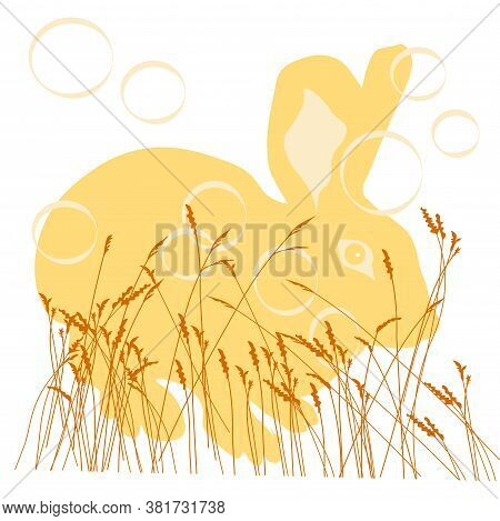 Vector Stock Illustration Of A Sunbeam. Yellow Cute Rabbit In The Grass. Postcard For The Harvest Fe
