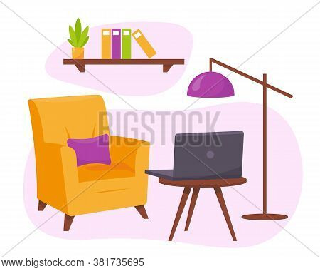 Yellow Armchair, Table With Laptop End Lamp. Interior Design Or Background. Work From Home And Freel