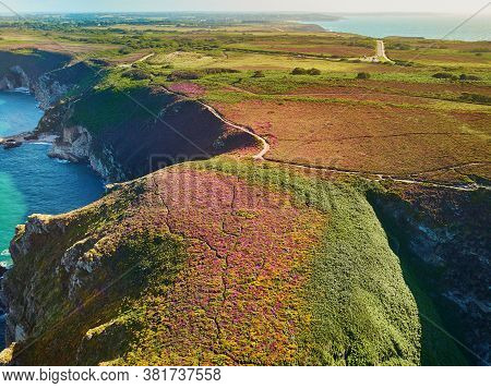 Scenic View Of Cape Frehel, One Of The Most Popular Tourist Destinations In Brittany, France. Aerial