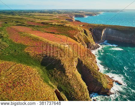 Scenic View Of Cape Frehel, One Of The Most Popular Tourist Destinations In Brittany, France. Aerial