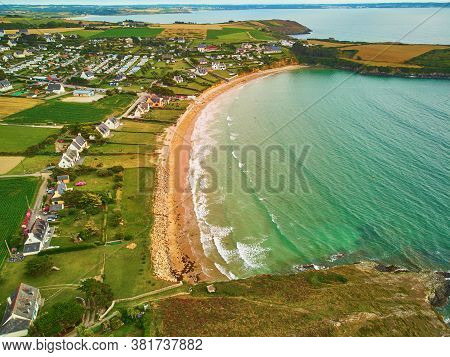 Aerial Drone View Of Atlantic Ocean Shore Line In Finistere, Brittany, France. Aerial Drone View Of 