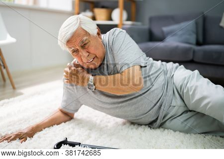 Elderly Senior Man Slip And Fall. Fallen Old Person