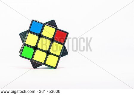 Bangkok, Thailand - August 20, 2020 : Close-up Of 3x3 Rubik\'s Cube On White Background