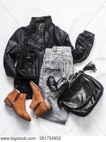 Women's Clothing Black Jacket Windbreaker, Mom's Gray Jeans, Black Leather Bag, Brown Suede Chelsea 