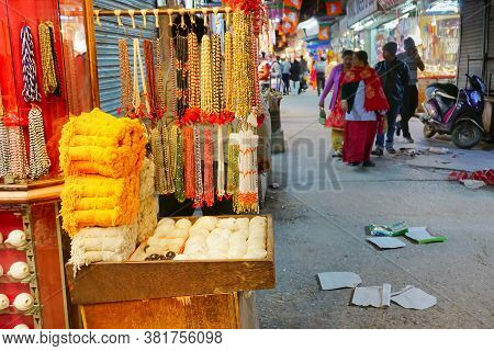 Haridwar, Garhwal, India - 3rd November 2018 : Colourful Bright Merchandise For Sale. Night Image Of