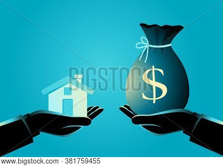 Vector Illustration Of Real Estate Agent Handover A House To A Buyer