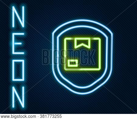 Glowing Neon Line Delivery Pack Security With Shield Icon Isolated On Black Background. Delivery Ins