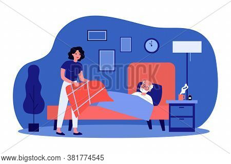 Daughter Taking Care About Sick Elderly Father. Woman Giving Blanket To Man Lying In Bed With Thermo