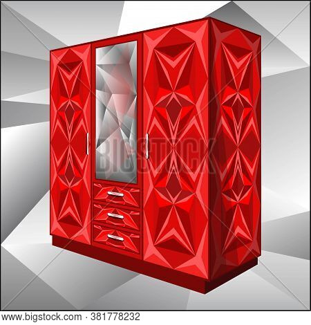 Red Wardrobe For Clothes In A Polyhedral Style. Vector Illustration