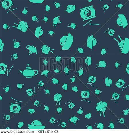 Set Sushi, Chinese Drum, Chinese Tea Ceremony And Rice In A Bowl With Chopstick On Seamless Pattern.