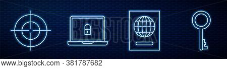 Set Line Passport, Target Sport, Laptop And Lock And Old Key. Glowing Neon Icon On Brick Wall. Vecto