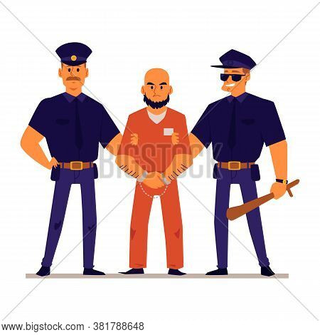 Cartoon Policemen Holding Handcuffed Criminal In Orange Prison Uniform