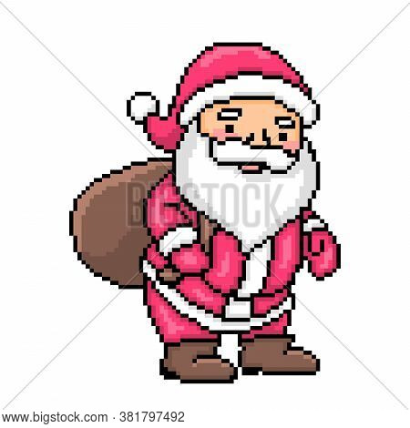 Pixel Art Santa Claus With A Bag Of Gifts Isolated On White Background. 8 Bit Christmas Character. W