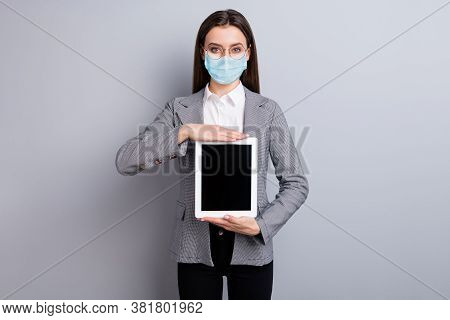 Portrait Of Her She Attractive Lady Wearing Safety Mask Holding In Hands Tablet Stop Pandemia Mers C