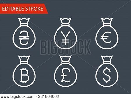 Bags With Money Icons Set. Thin Line Vector Illustration - Adjust Stroke Weight - Expand To Any Size