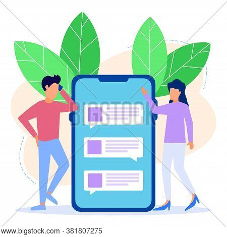 Vector Illustration Of A Modern Concept, Young Man With His Cell Phone Processing Messages, Communic