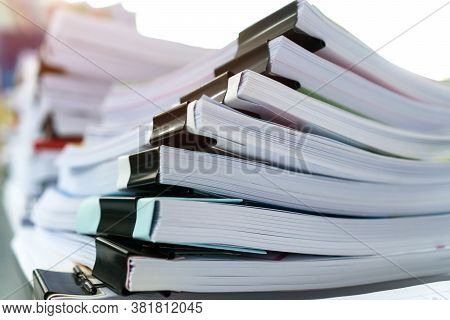 Contract Of Papers Document Folder With Black Clippaper. Pile A Lot Of Agreements Report Sheet Prepa