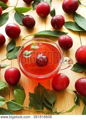 Cup Of Red Alucha Cherry Plum Compote. Shallow Dof.