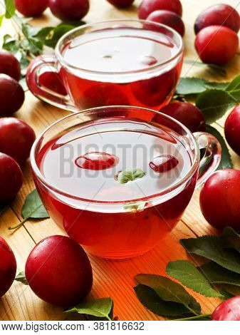 Cup Of Red Alucha Cherry Plum Compote. Shallow Dof.