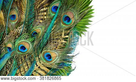 Luxurious peacock tail decorated with golden feathers and leaves. Carnival