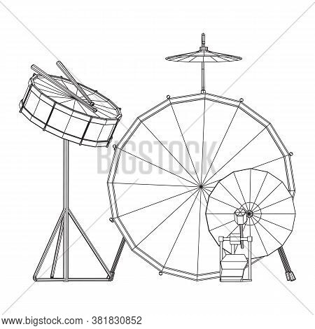 Musical Instruments Set. Rock Band Drum Kit. Percussion Musical Instrument Drums, Stick And Cymbal. 