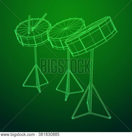 Musical Instruments Set. Rock Band Kit. Percussion Musical Instrument Drum And Stick. Wireframe Low 