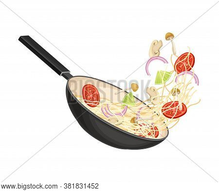 Chinese Udon Noodle Preparation With Stir-frying In Wok Pan Vector Illustration