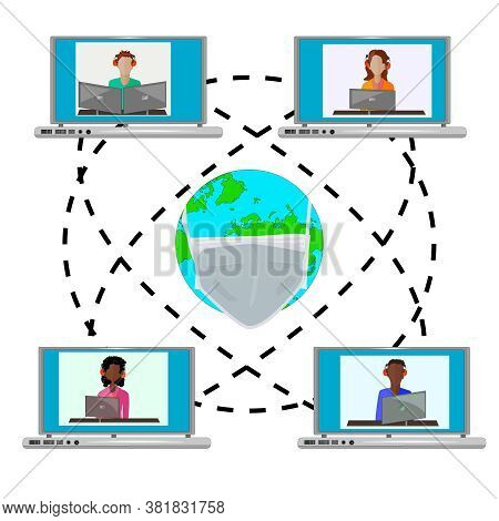 World Map With Mask And Laptops With Avatars Isolated On White Background. People From All Over The 