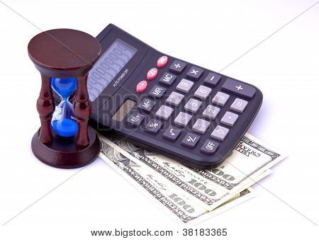 Denaro, calcolatrice, clessidra, finanza