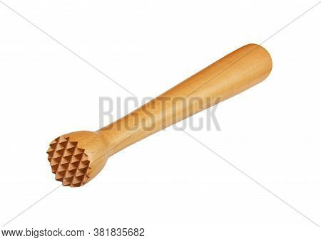 Close Up Traditional Brown Wooden Muddler To Mash Fruits For Mojito Isolated On White Background, Hi
