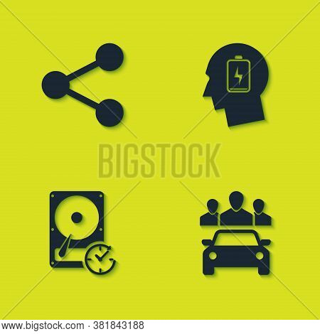 Set Share, Car Sharing, Hard Disk Drive With Clockwise And Head Low Battery Icon. Vector