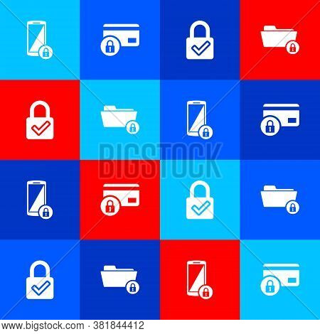Set Smartphone With Lock, Credit Card, Lock And Check Mark And Folder Icon. Vector