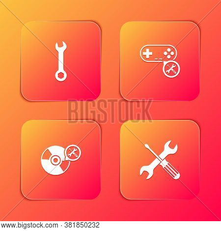 Set Wrench, Gamepad Service, Cd Or Dvd Disk And Crossed Screwdriver And Wrench Icon. Vector
