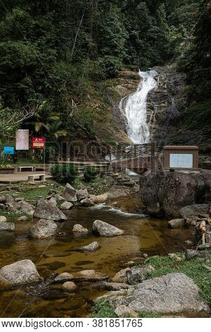 Mountain River Flowing Over The Stones. Wildlife Beauty In Malaysia