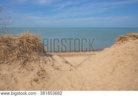 Looking Out To The Lakes Through The Dunes At Indiana Dunes National Park In Indiana
