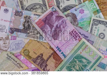 Multicurrency Background Of Us Dollars, Russian Rubles, Belarusian Rubles, Egyptian Pounds And Ukrai