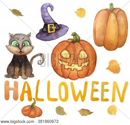 Halloween. Cute Illustrations Set Of Drawings Black Cat With Green Eyes, An Orange Pumpkin, A Purple