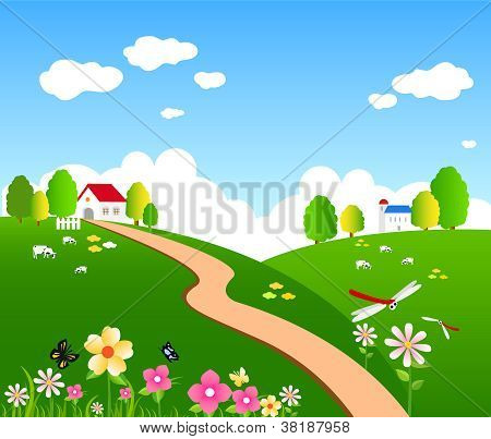 Meadow Flowers And Butterflies Cattle House Green Scenery Beautiful Blue Sky