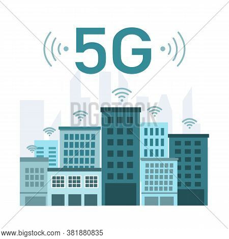 5g Wireless Network Concept Vector Illustration On White Background. Urban City With Service Connect