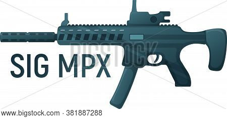 Submachine Military Gun With Silencer, Icon Self Defence Automatic Weapon Concept Cartoon Vector Ill